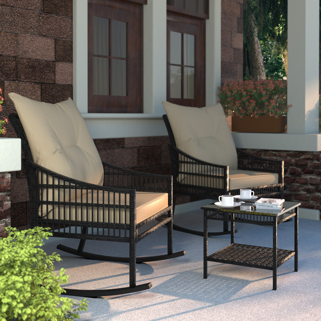 2 - Person Patio Conversation Sets, Outdoor Seating Group with Cushions, Rattan Rocking Chairs with End Table